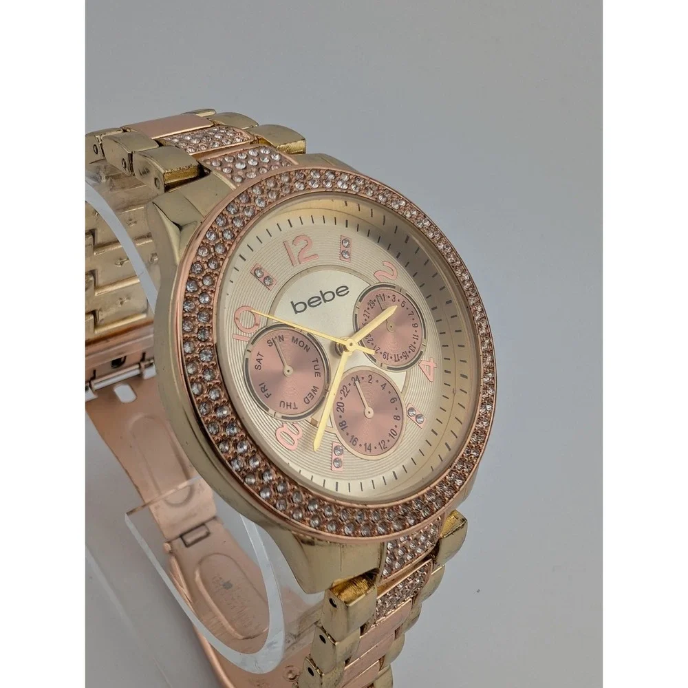 Bebe Watch Women 40mm Rose Gold Case Crystal‎ Bezel 7" Band- New Battery - Picture 2 of 8